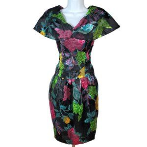 VTG EKLEKTIC Jackie Bernard Floral Cape Dress Black Size 4 Lined Zip Knee USA